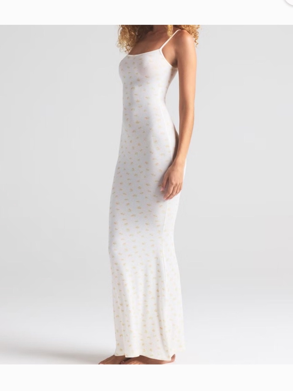 SKIMS Light Cream Maxi Slip Dress with Pale Yellow Floral Print
